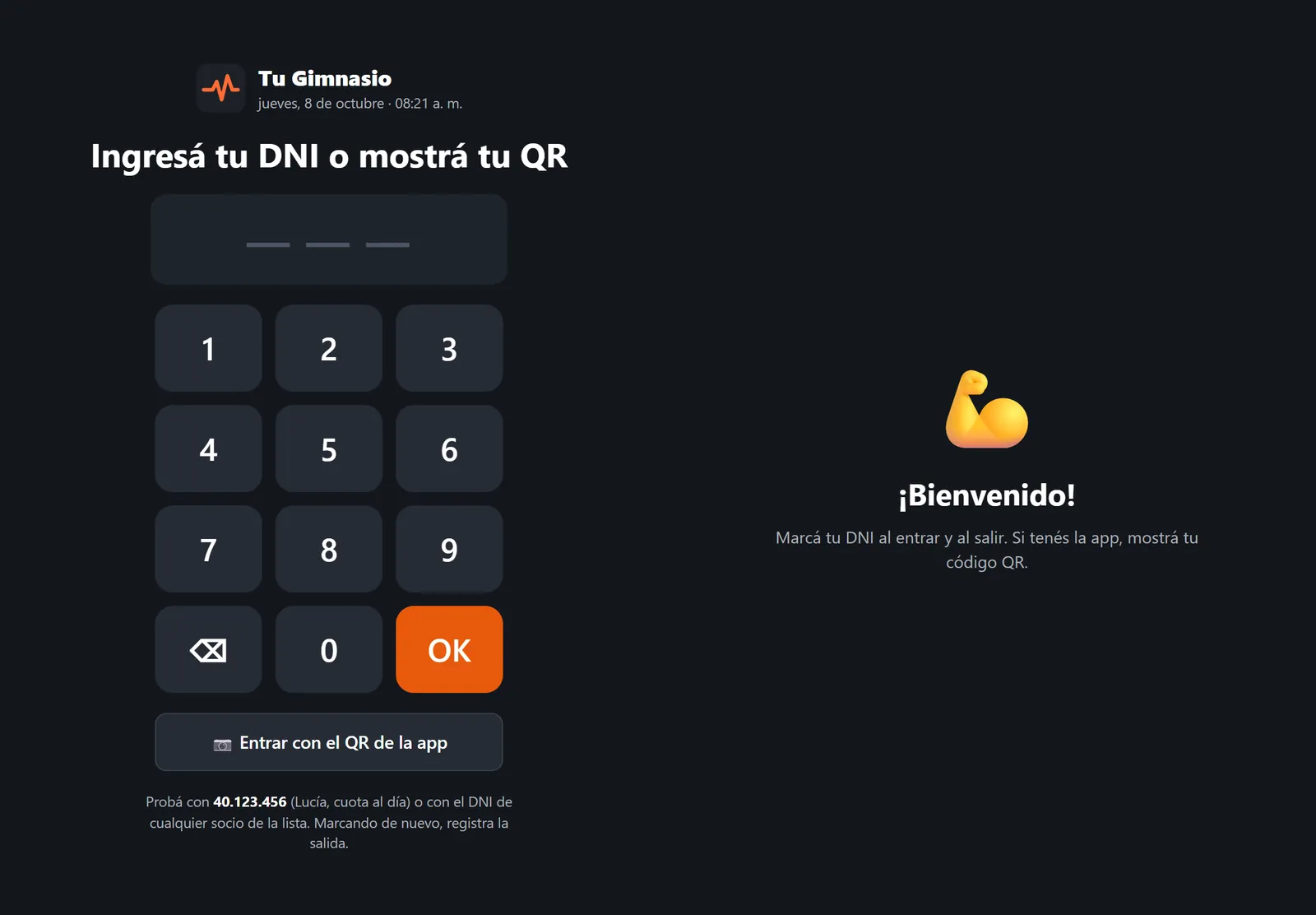 Pantalla de la tablet de la entrada: ingresá tu DNI o mostrá tu QR