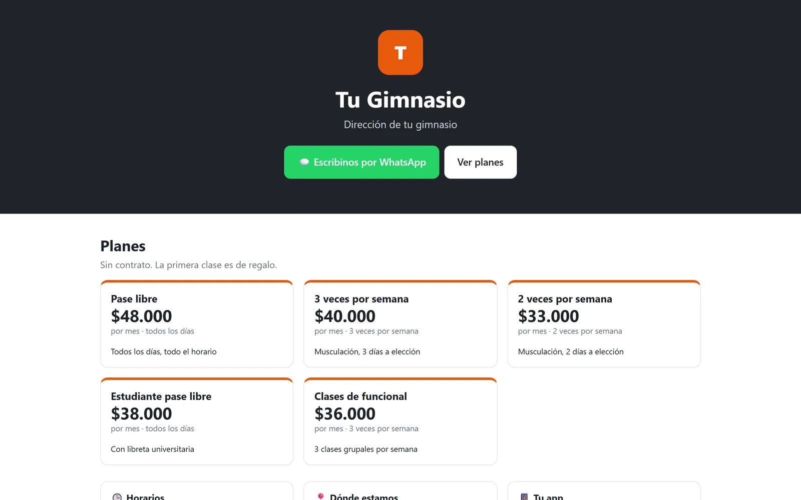 Página web de un gimnasio hecha con Pulso, con sus planes y precios