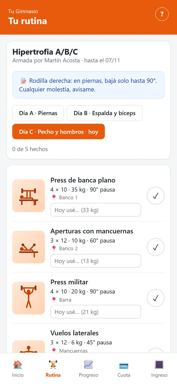 App del socio: la rutina del día con los ejercicios