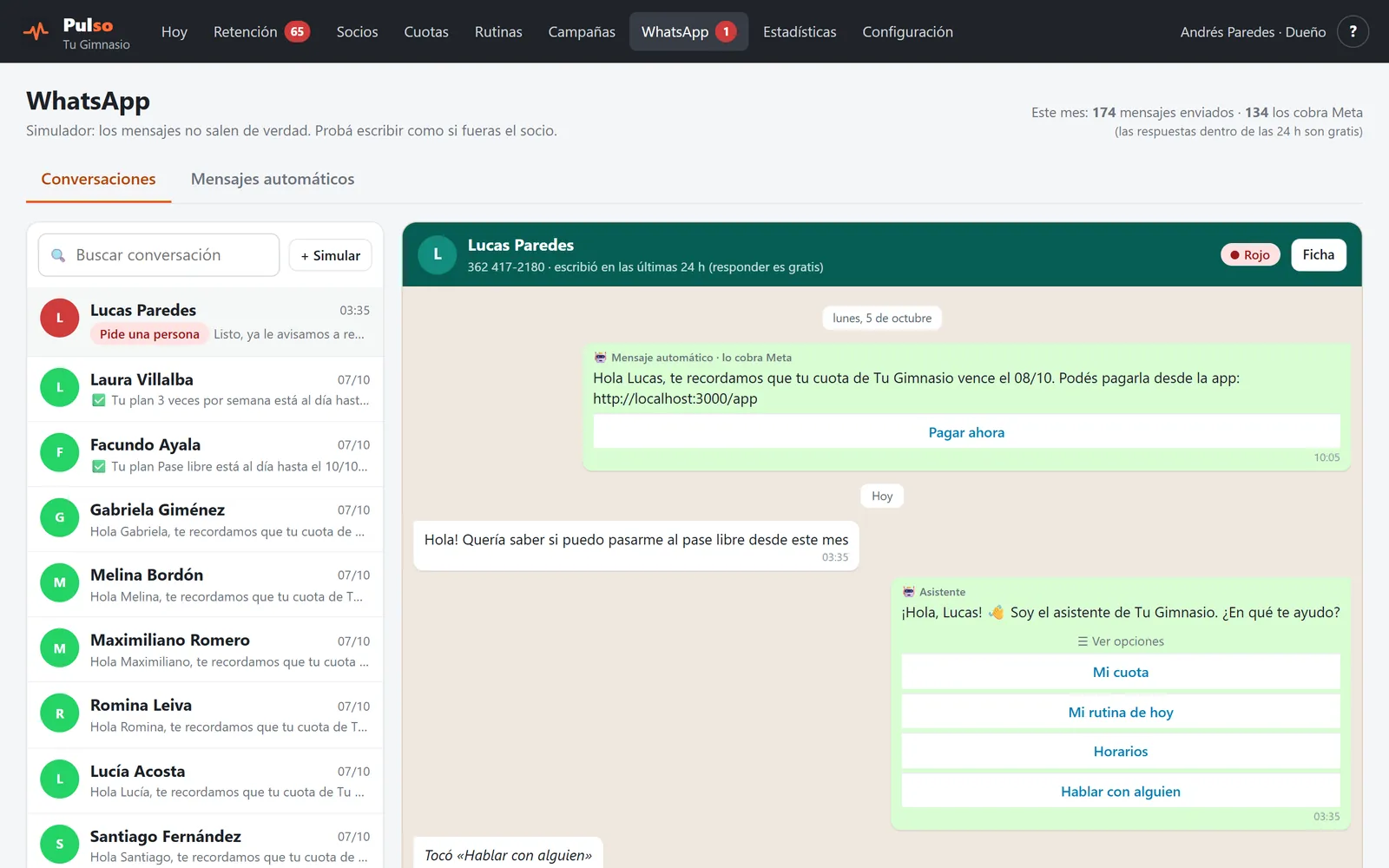 Pantalla de WhatsApp: conversaciones con los socios, aviso de vencimiento y asistente